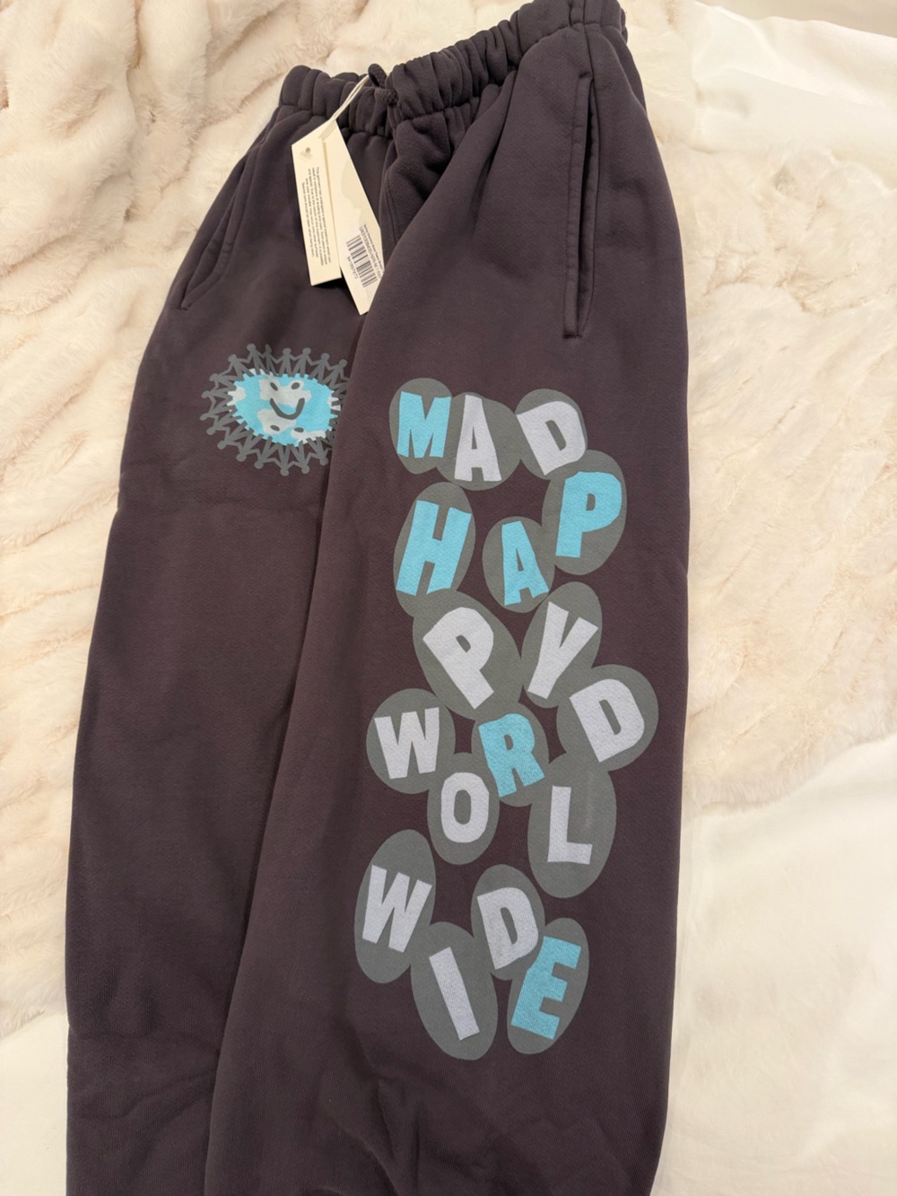 Madhappy worldwide Charcoal Sweatpants with Light Blue Graphic
